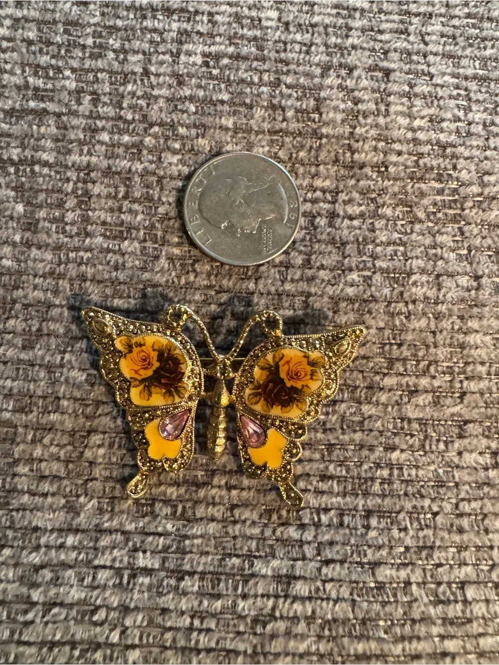 Vintage Gold Butterfly Pin Brooch with Yellow Enamel and Pink Accents